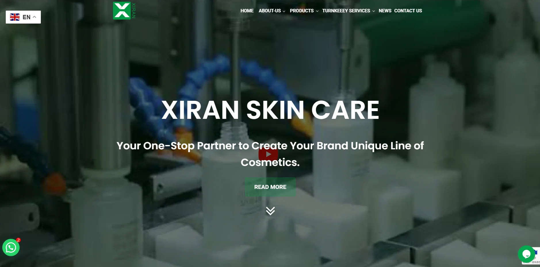 Homepage of Xiran Skin Care displaying cosmetics production line and the slogan 'Your One-Stop Partner to Create Your Brand Unique Line of Cosmetics.'